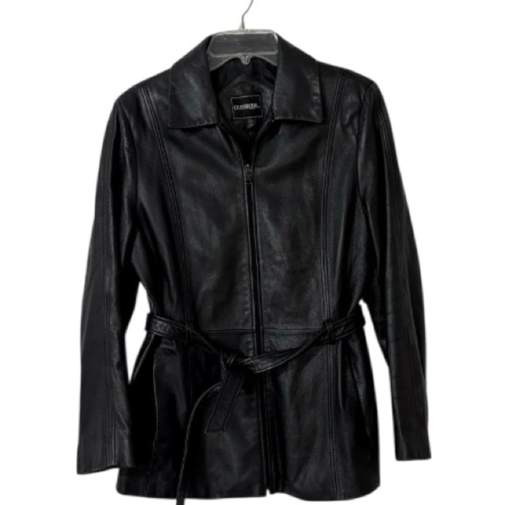 Outbrook Women's Genuine Leather Black Y2K Belted Jacket Size‎ M